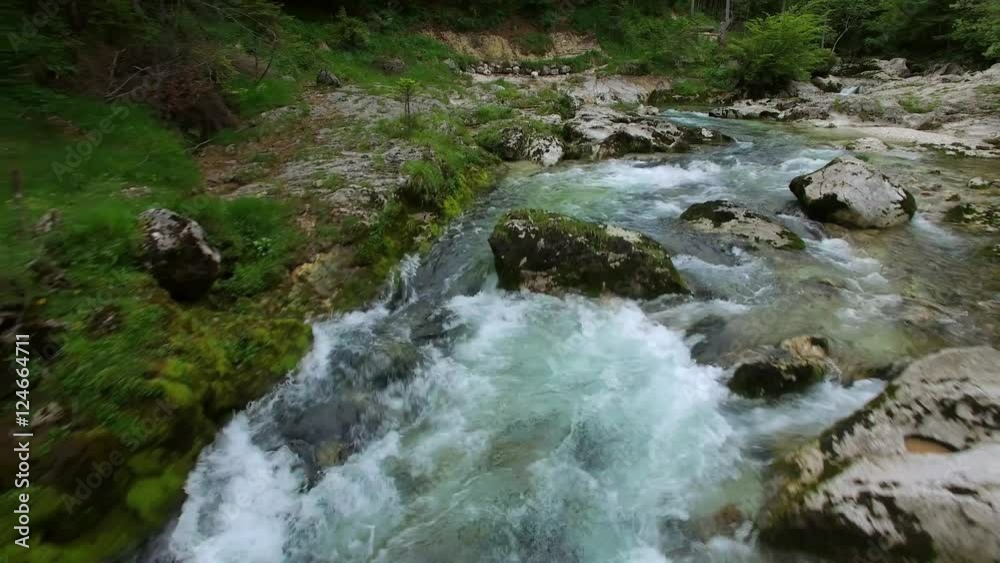 AERIAL: flight over the surface of a mountain river.Mostnica, Slovenia AERIAL: flight over the surface of a mountain river.Mostnica, Slovenia