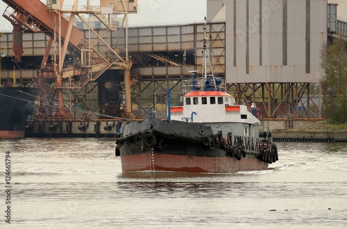 A boat operating at the port.