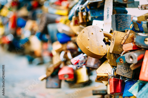Lots of love locks on bridge in European town