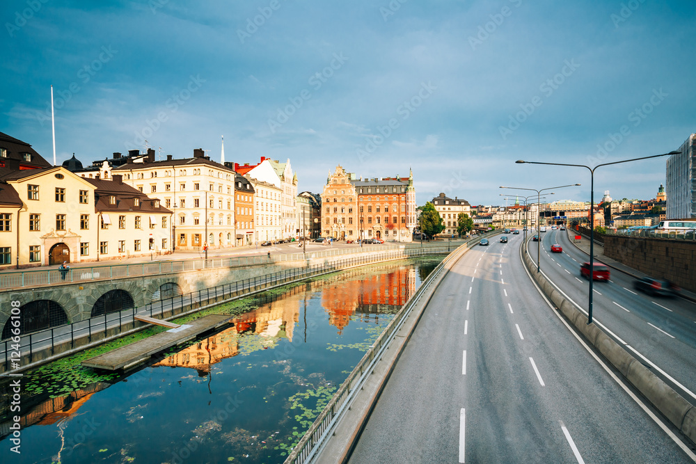 Stockholm Sweden. Summer View Of Embankment Along Water Channel,