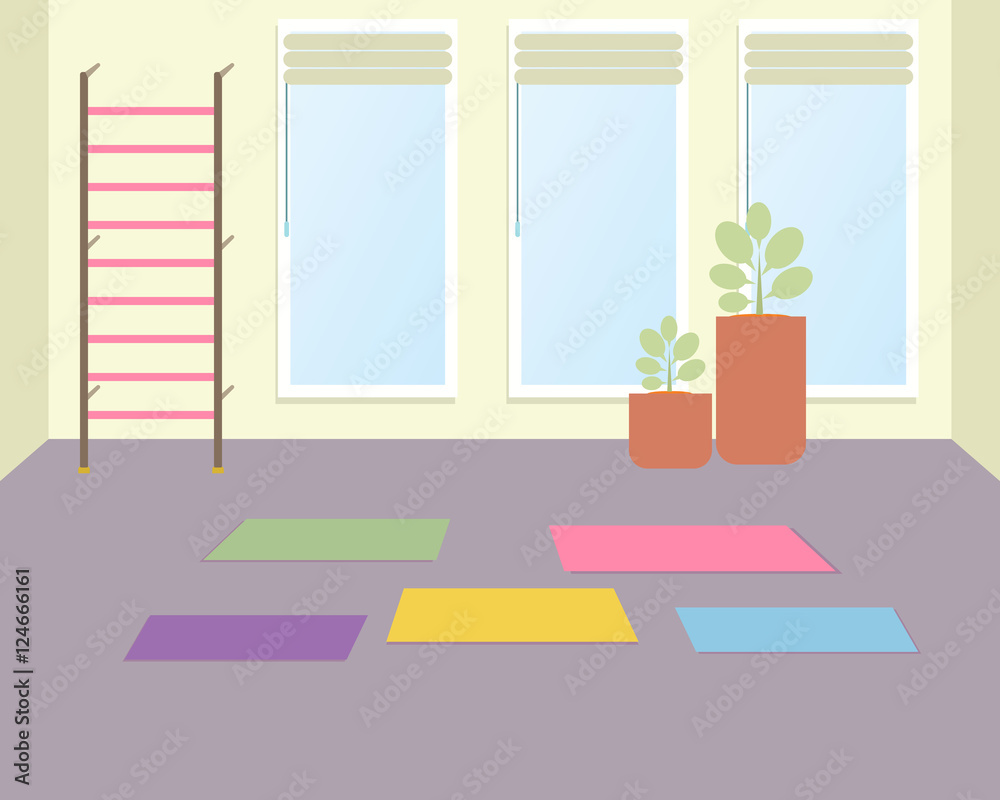 Empty workout room with sleeping-pads. A vector illustration of yoga class for kids. Empty workout room with sleeping-pads. A vector illustration of yoga class for kids.