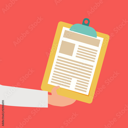 Business man hand holding paper document on clipboard vector illustration, a4 blank sheet list with text, concept of attention, announcement frame flat style design isolated on red