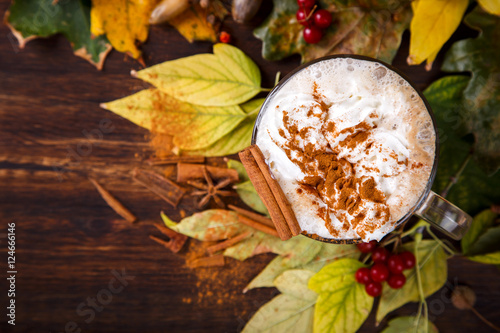 Pumpkin Smoothies,Spicy Drink is a cinnamon Dolce Latte,whipped cream .Autumn still life.selective focus.
