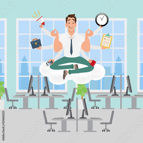 Businessman meditating in the office. Keep calm and work hard, make right decisions and be successful in your business concept. Vector illustration