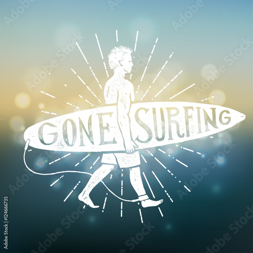 Photography gone surfing lettering. surfer with board walking print vector.