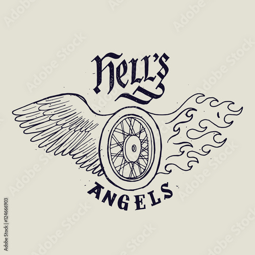 hells angels handwritten label. biker lettering with wheel wing and fire.