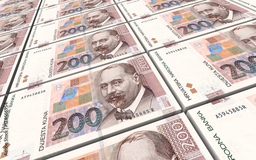 Croatian kuna bills stacks background. 3D illustration. photo
