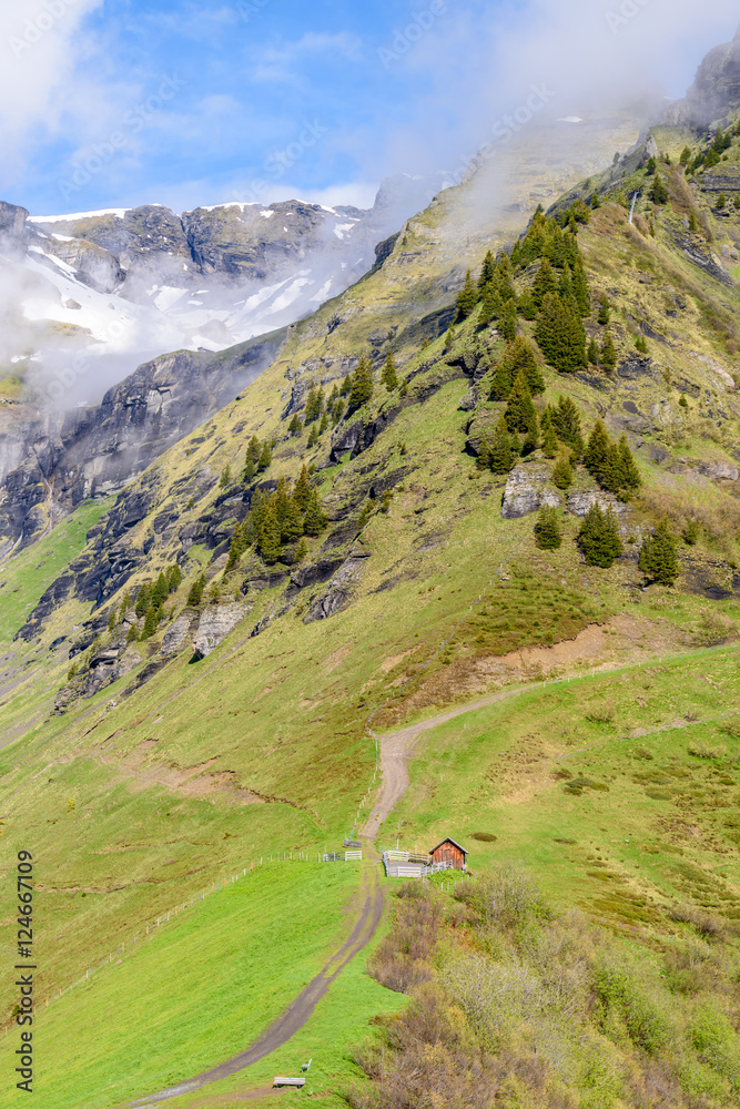 Beautiful Swiss mountain valley landscape with a single house.