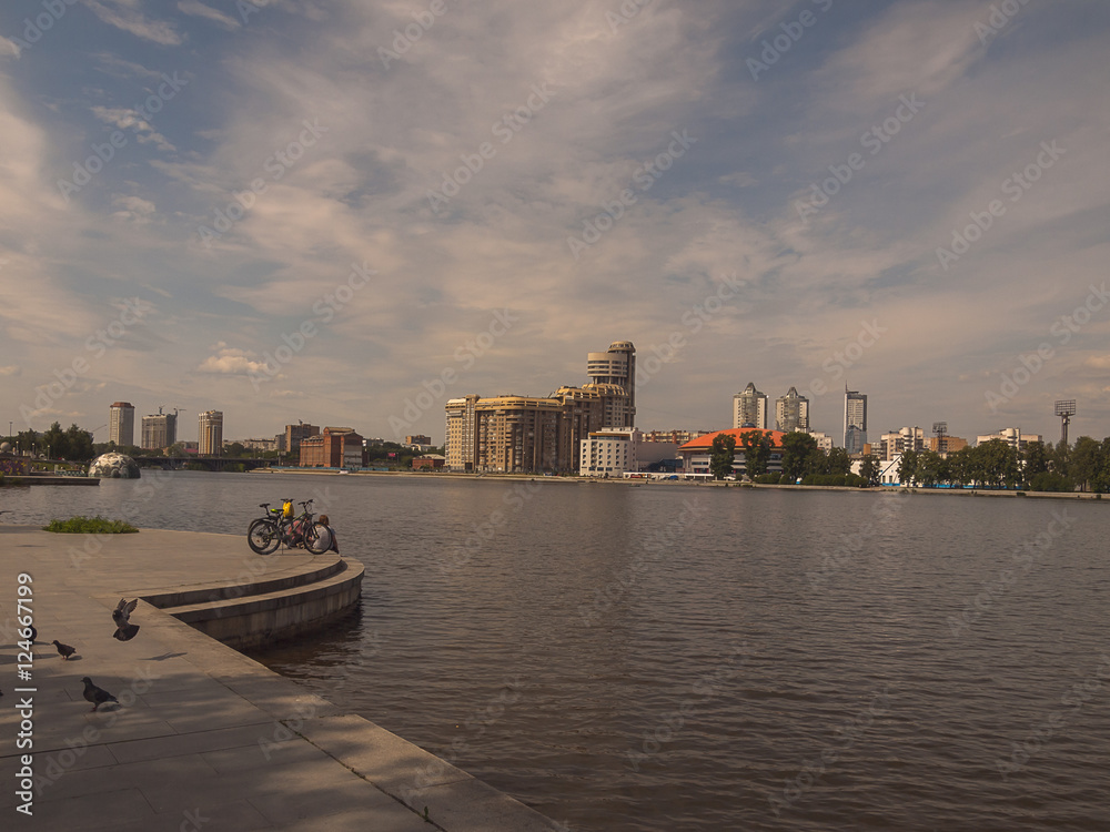 Naklejka premium Embankment of the river Iset. Yekaterinburg city. Sverdlovsk reg