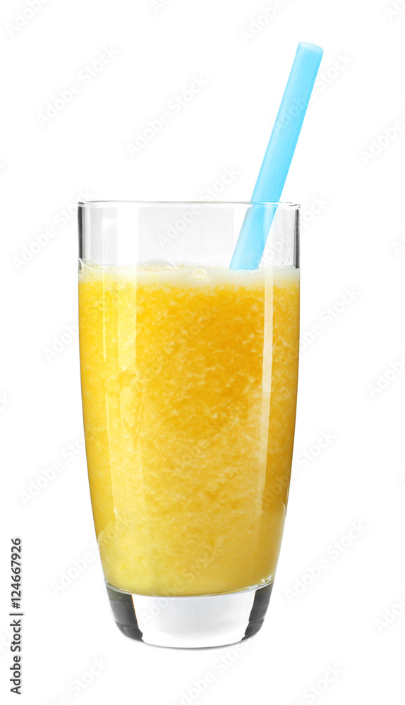 Glass of fresh delicious smoothie with straw on white background, closeup Glass of fresh delicious smoothie with straw on white background, closeup