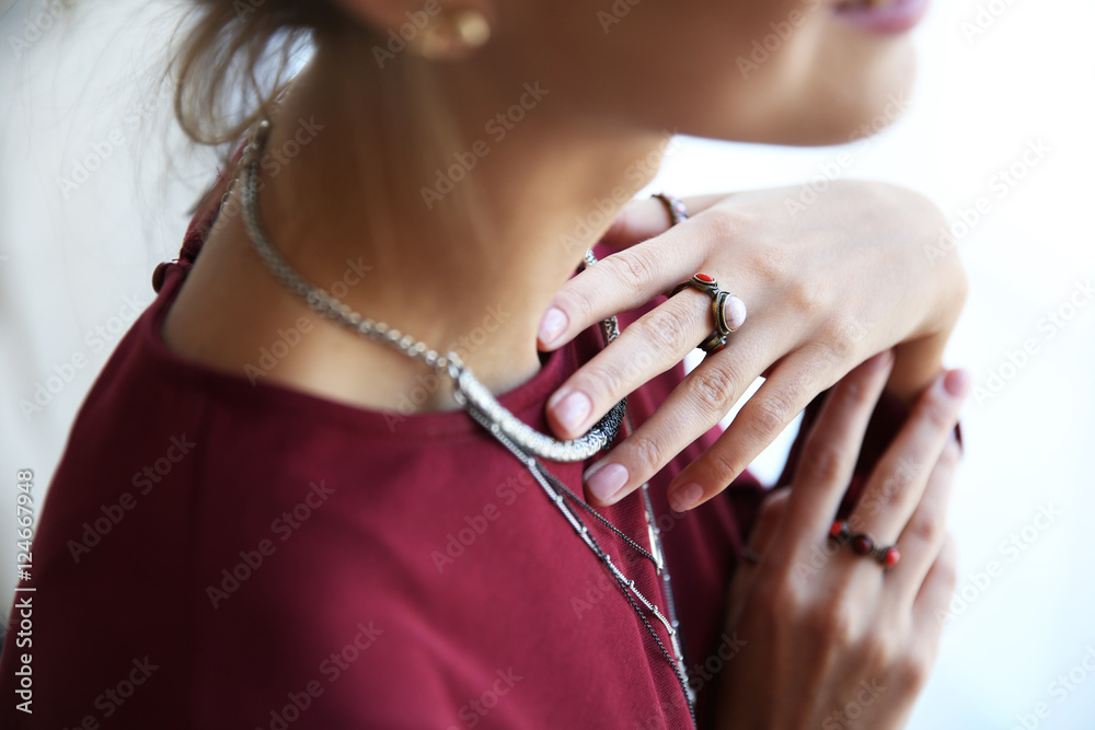 Young woman with stylish accessories, closeup