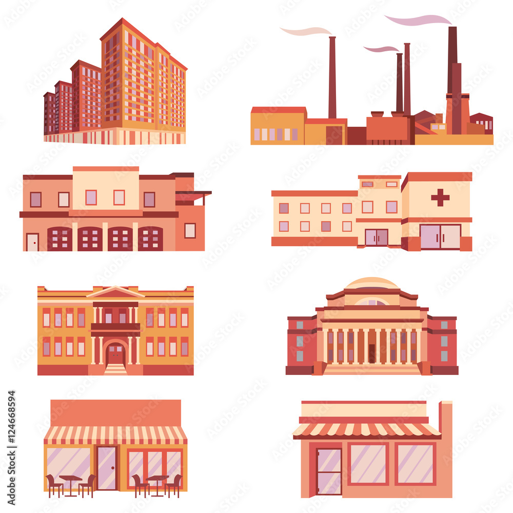 Vector illustration different urban industrial buildings in a flat style.