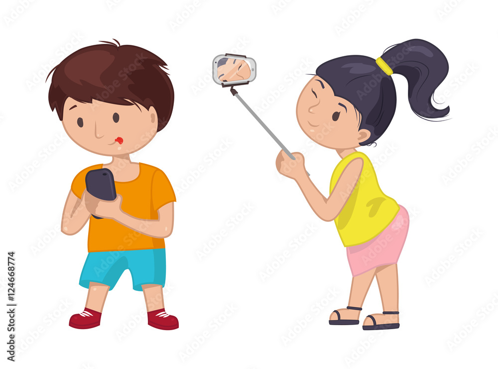 Young girl boy standing full length to make a self portrait photo Young girl boy standing full length to make a self portrait photo
