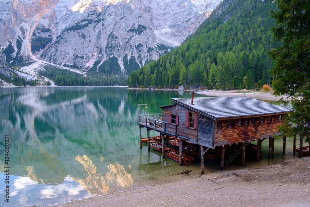 Braies Lake ( Pragser Wildsee ) in Dolomites mountains