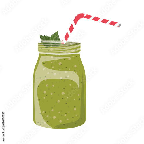 green juice smoothie on mason jar with straw and leaves decorations over white background. vector illustration