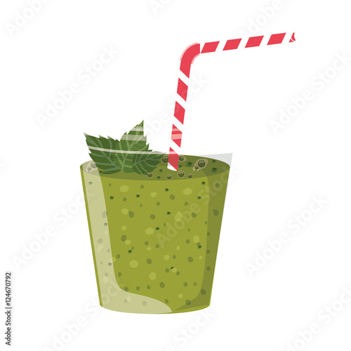 green juice smoothie on mason jar with straw and leaves decorations over white background. vector illustration