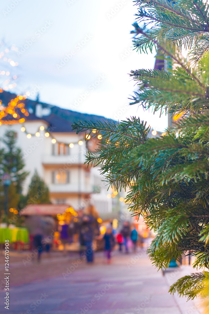 Beautiful view of Ortisei streets in Christmas. Dolomiti Alps, Italy