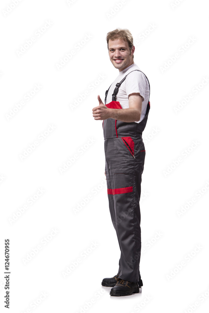Young construction worker wearing coveralls isolated on white Young construction worker wearing coveralls isolated on white