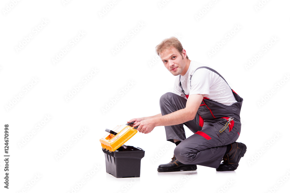 Young construction worker wearing coveralls isolated on white Young construction worker wearing coveralls isolated on white