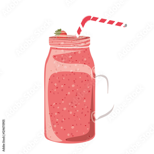 strawberry smoothie on mason jar with straw over white background. vector illustration