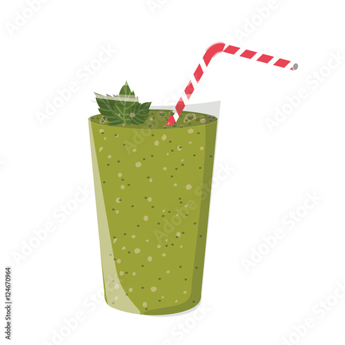 green juice smoothie on mason jar with straw and leaves decorations over white background. vector illustration