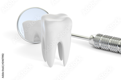 Dental concept, mouth mirror and tooth, 3D rendering © alexlmx