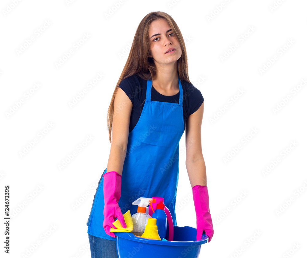 Woman holding cleaning things in washbowl Woman holding cleaning things in washbowl