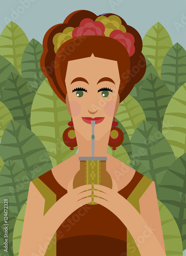 cool woman drinking hot yerba mate infusion beverage