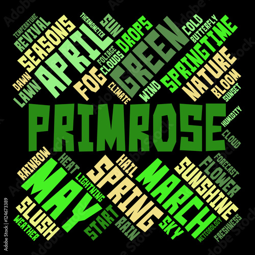 Primrose word cloud in shape of square on black background. Seasons concept. Vector.