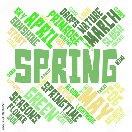 Spring word cloud in shape of square on white background. Seasons concept. Vector.