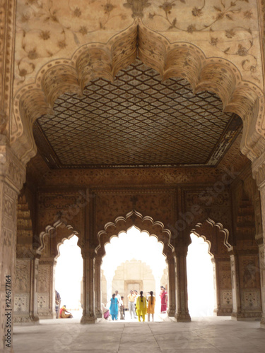 Detail, inlaid flowers on marble arch, Hall of Private Audience or Diwan I Khas at the Lal Qila or Red Fort in Delhi, India photo