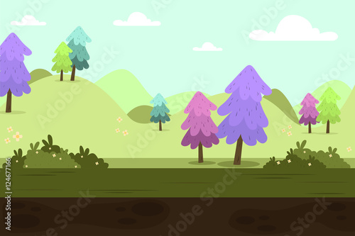 Illustration of a nature green hills landscape with trees