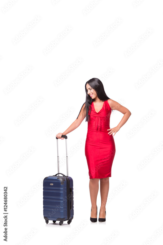 Woman with suitcase isolated on white background Woman with suitcase isolated on white background