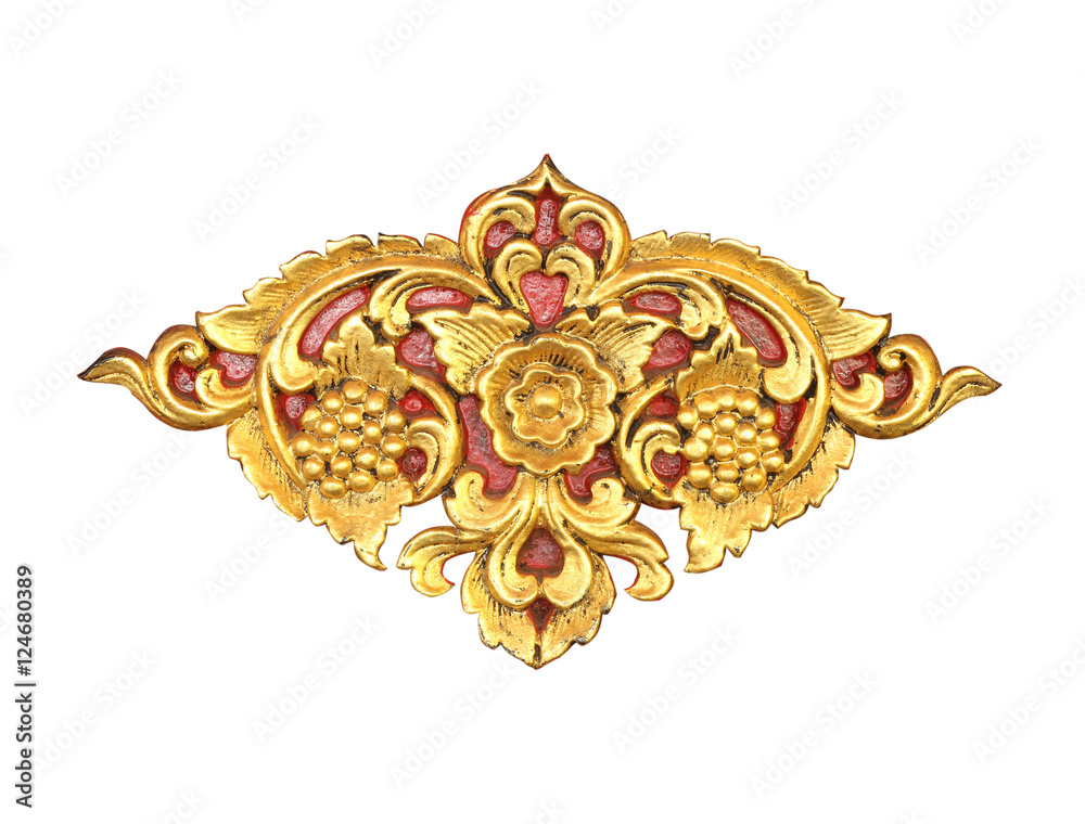 Pattern of wood carve gold paint for decoration on white backgro