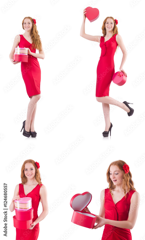 Red dress woman holding gift box isolated on white Red dress woman holding gift box isolated on white