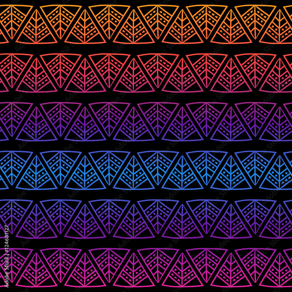 Rows of bright triangles on black. Ornamental seamless pattern for web pages, gift wrapping, fabric material, cards, posters, banners and more. Rows of bright triangles on black. Ornamental seamless pattern for web pages, gift wrapping, fabric material, cards, posters, banners and more.