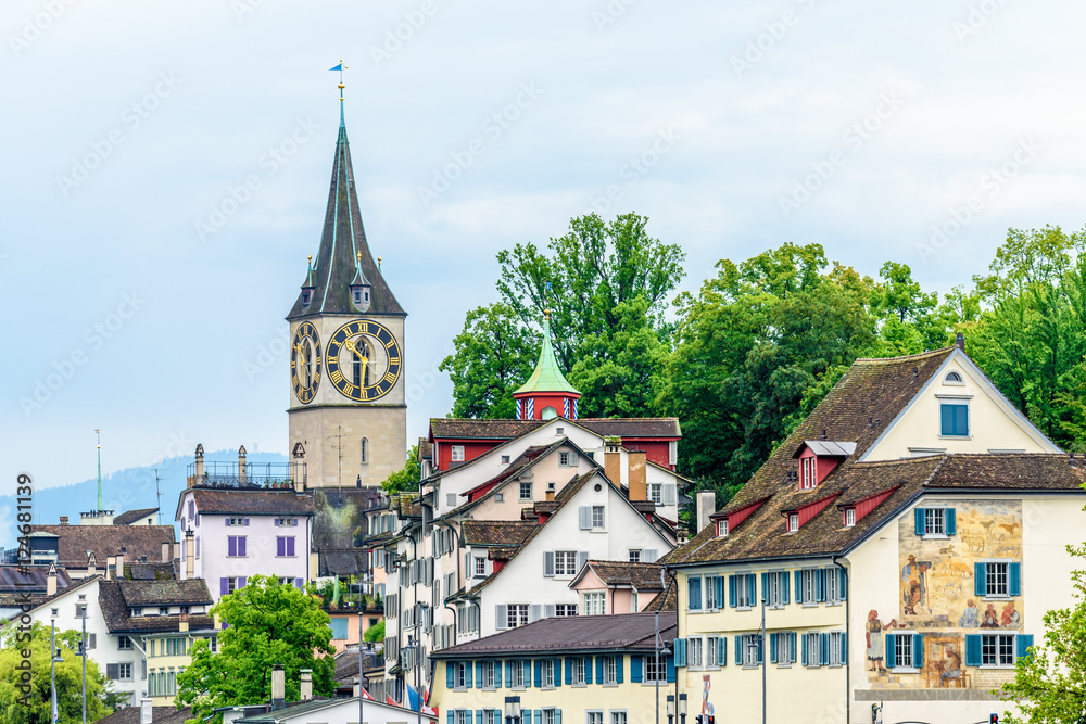 Fototapeta premium View of historic Zurich city center on a cloudy day in summer, Canton of Zurich, Switzerland.