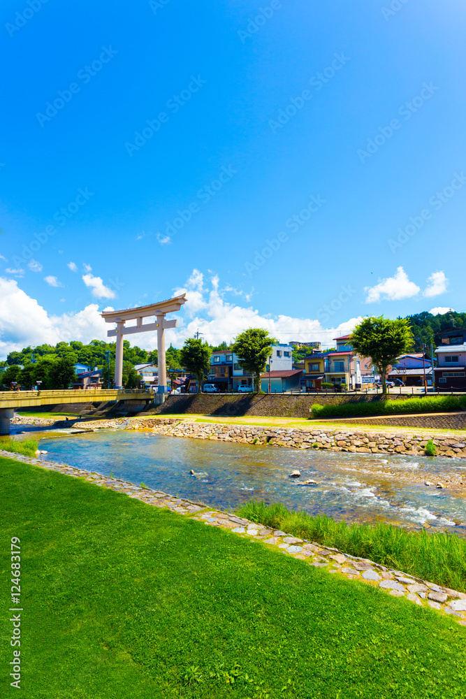 Torii Gate Takayama River Bridge Houses Daytime V Torii Gate Takayama River Bridge Houses Daytime V