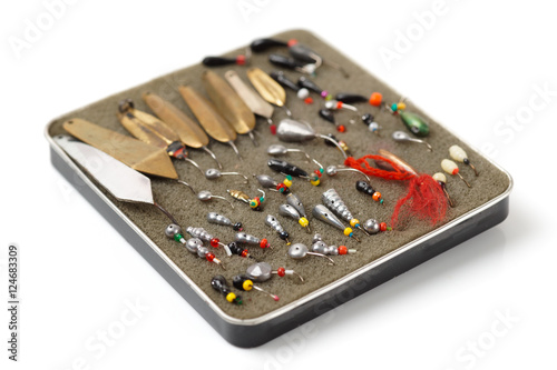 Set of lures for ice fishing, isolated photo