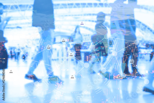 Double exposure of people and city and graphic design of internet of things use for brochure or report cover