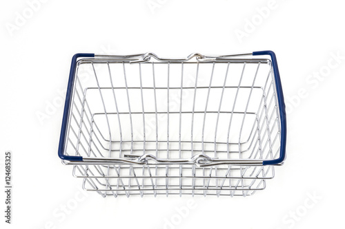 Empty metal shopping basket with blue handles