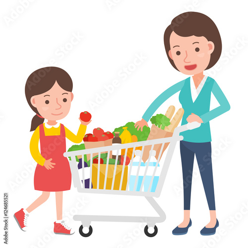 Mom and daughter with supermarket trolley. Shopping with kid.