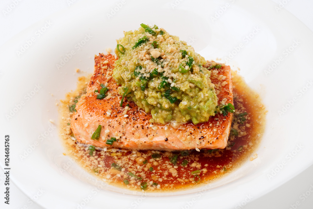 Grilled salmon fillet with avocado mash Grilled salmon fillet with avocado mash