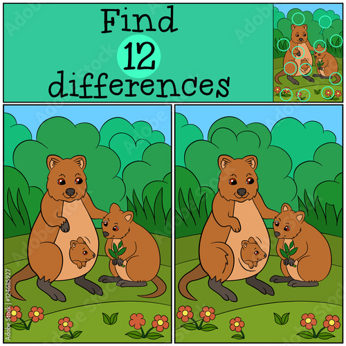 Educational game: Find differences. Mother quokka with her babie