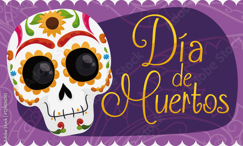Banner with Smiling Mexican Skull Celebrating "Dia de Muertos", Vector Illustration