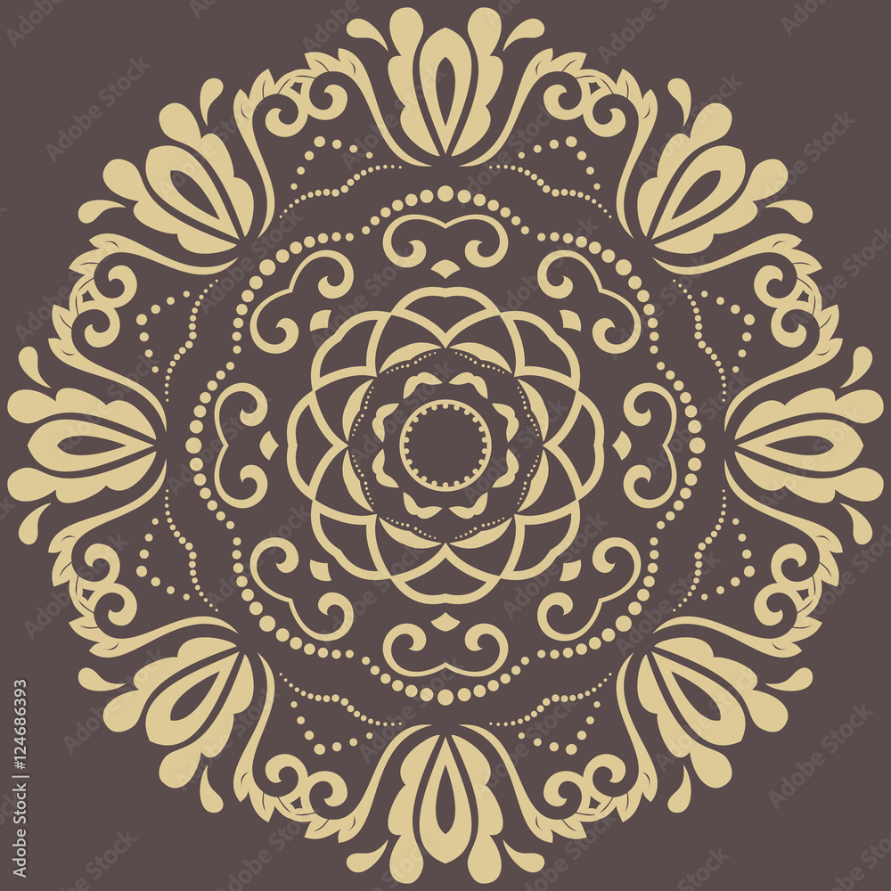 Oriental pattern with arabesques and floral elements. Traditional classic round ornament. Brown and golden pattern