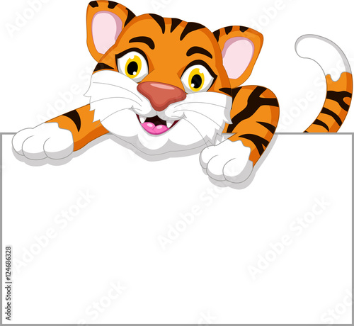 Fototapeta Naklejka Na Ścianę i Meble -  Cute tiger cartoon with blank sign