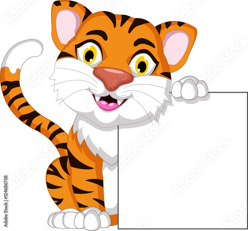 Fototapeta Naklejka Na Ścianę i Meble -  Cute tiger cartoon posing with blank sign