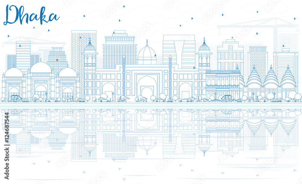 Outline Dhaka Skyline with Blue Buildings and Reflections.