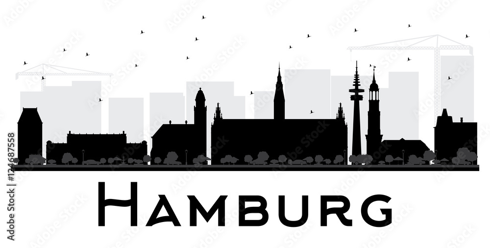 Hamburg City skyline black and white silhouette.